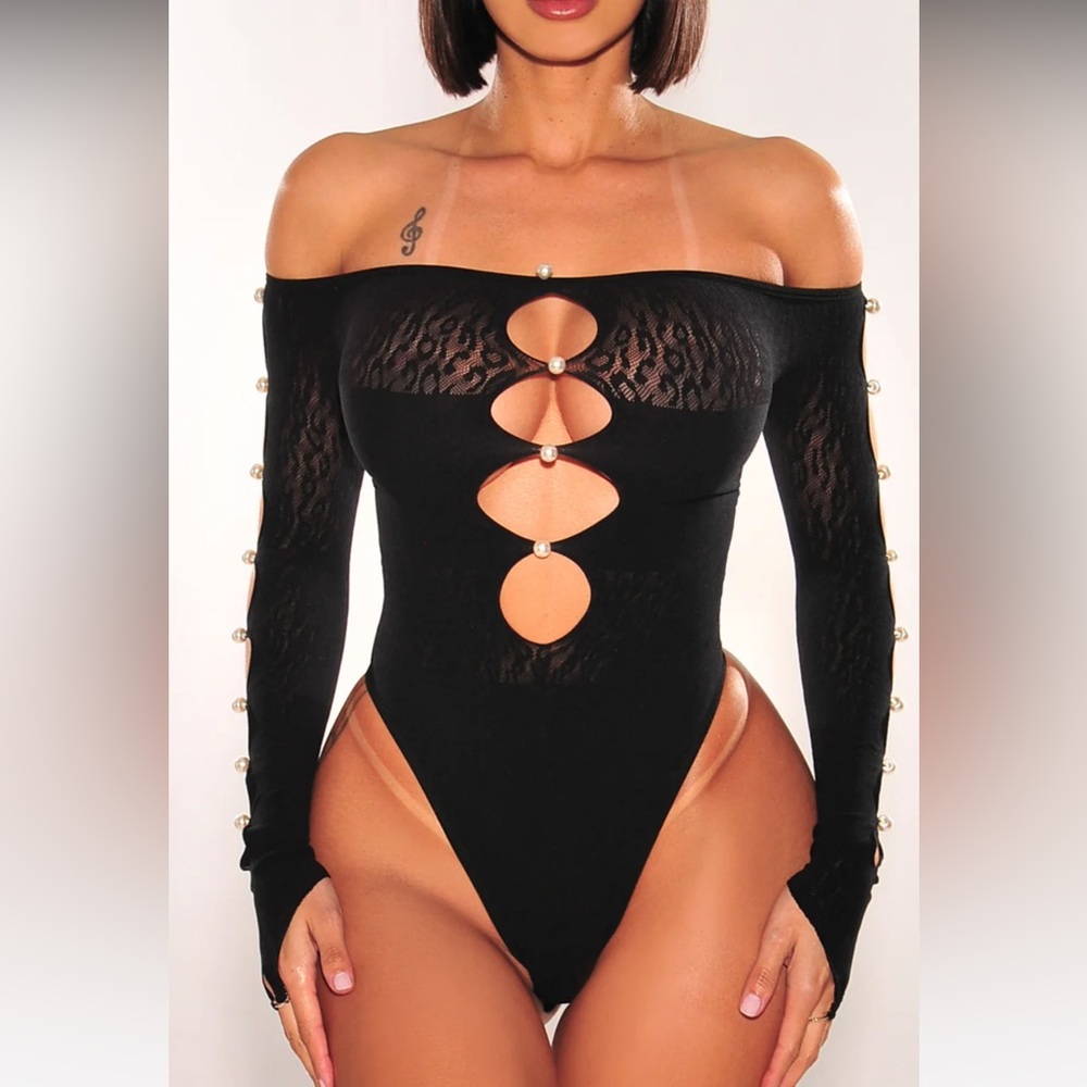 Black Long Sleeve Bodysuit with Pearl Accents